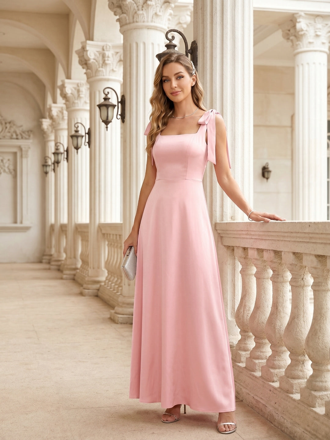 Coquette Petal Satin A-Line Square Neck Back Zip Ankle-Length Bridesmaid Dress - Curvevia