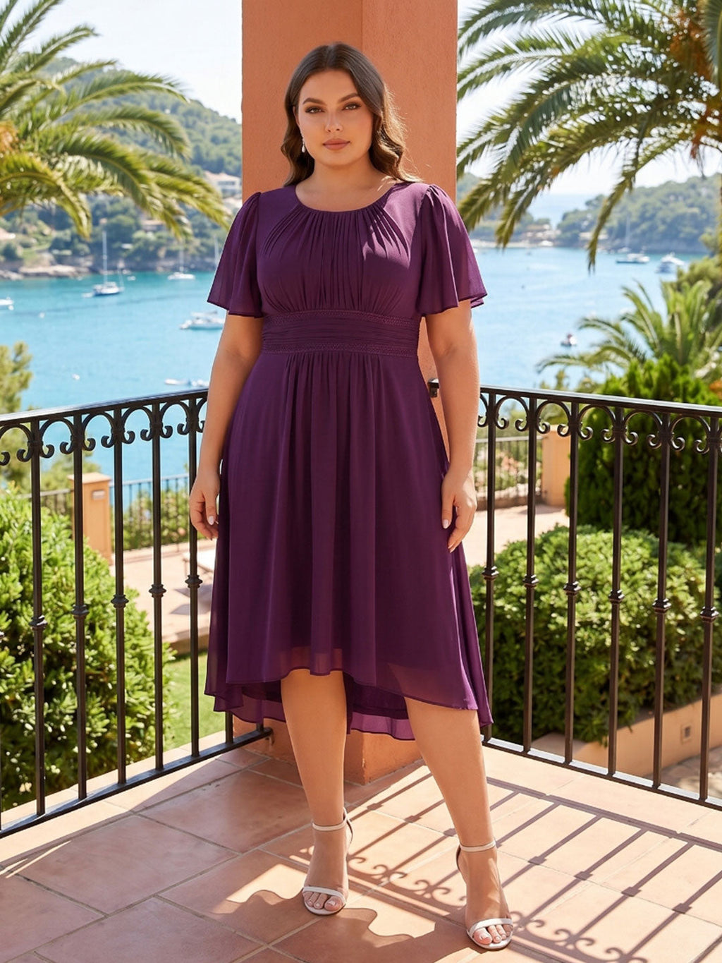 Coquette Plum Chiffon A-Line Scoop Neck Back Zip Knee-Length Plus Size Bridesmaid Dress - Curvevia