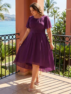 Coquette Plum Chiffon A-Line Scoop Neck Back Zip Knee-Length Plus Size Bridesmaid Dress - Curvevia