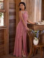 Coquette Rose Gold Chiffon A-Line One Shoulder Side Zip with Ruffle Ankle-Length Bridesmaid Dress - Curvevia