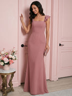 Coquette Rose Gold Chiffon A-Line Straight Neck Bow with nan Ankle-Length Bridesmaid Dress - Curvevia
