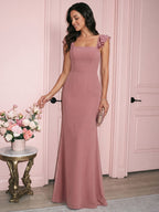 Coquette Rose Gold Chiffon A-Line Straight Neck Bow with nan Ankle-Length Bridesmaid Dress - Curvevia