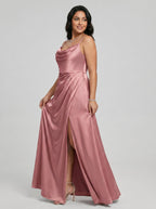 Coquette Rose Gold Satin A-Line Cowl Neck Back Zip with nan Ankle-Length Bridesmaid Dress - Curvevia