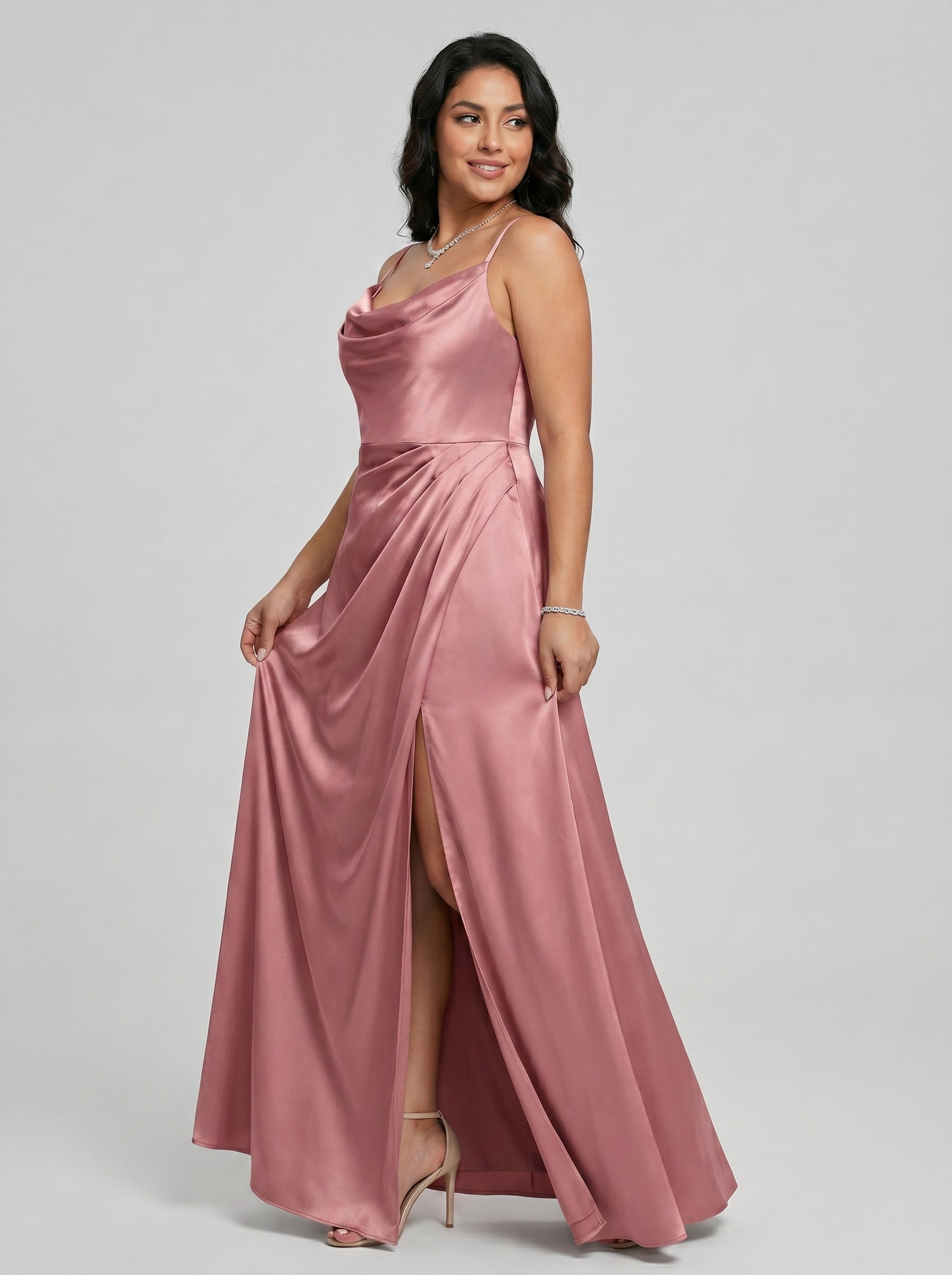 Coquette Rose Gold Satin A-Line Cowl Neck Back Zip with nan Ankle-Length Bridesmaid Dress - Curvevia