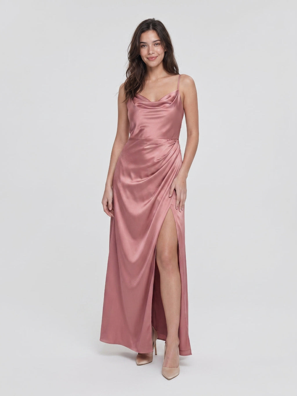 Coquette Rose Gold Satin A-Line Cowl Neck Back Zip with nan Ankle-Length Bridesmaid Dress - Curvevia