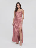 Coquette Rose Gold Satin A-Line Cowl Neck Back Zip with nan Ankle-Length Bridesmaid Dress - Curvevia