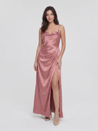 Coquette Rose Gold Satin A-Line Cowl Neck Back Zip with nan Ankle-Length Bridesmaid Dress - Curvevia