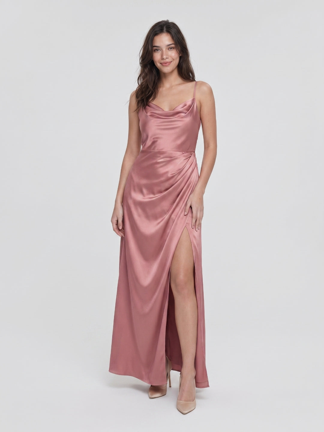 Coquette Rose Gold Satin A-Line Cowl Neck Back Zip with nan Ankle-Length Bridesmaid Dress - Curvevia