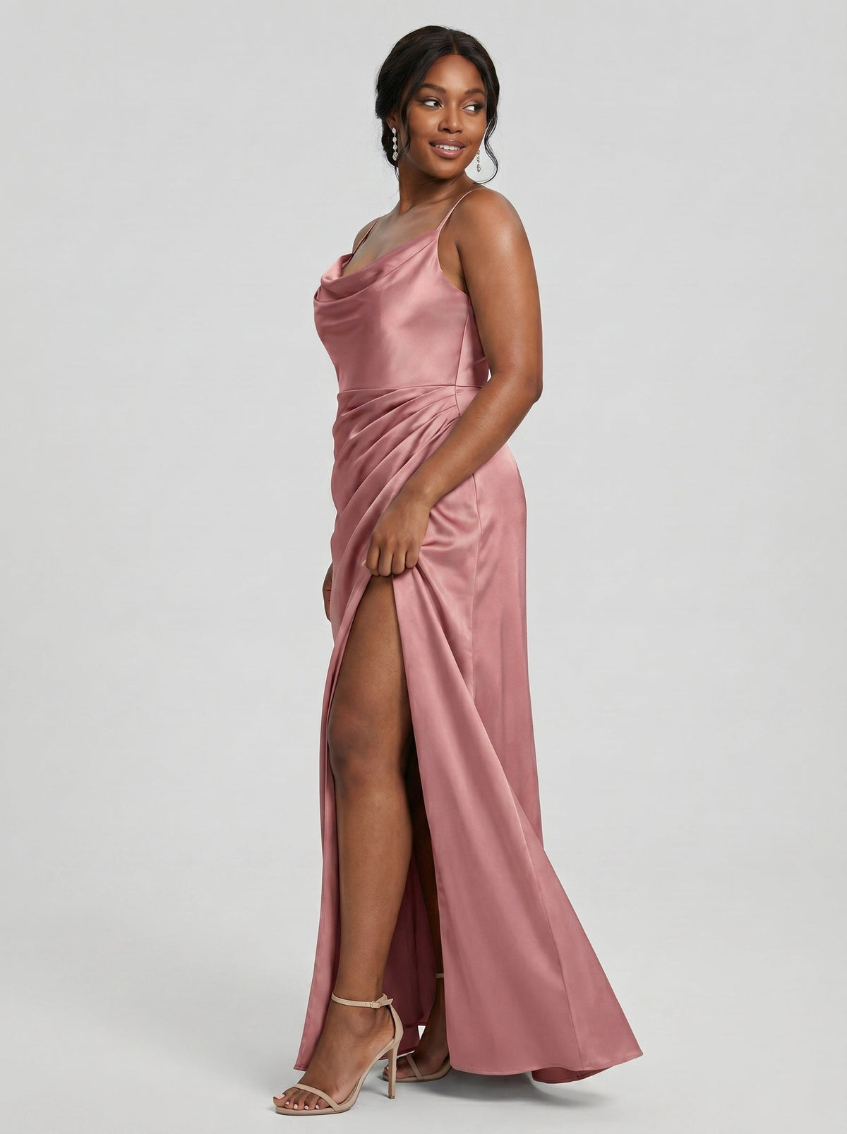 Coquette Rose Gold Satin A-Line Cowl Neck Back Zip with nan Ankle-Length Bridesmaid Dress - Curvevia