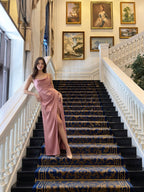 Coquette Rose Gold Satin A-Line Cowl Neck Back Zip with nan Ankle-Length Bridesmaid Dress - Curvevia