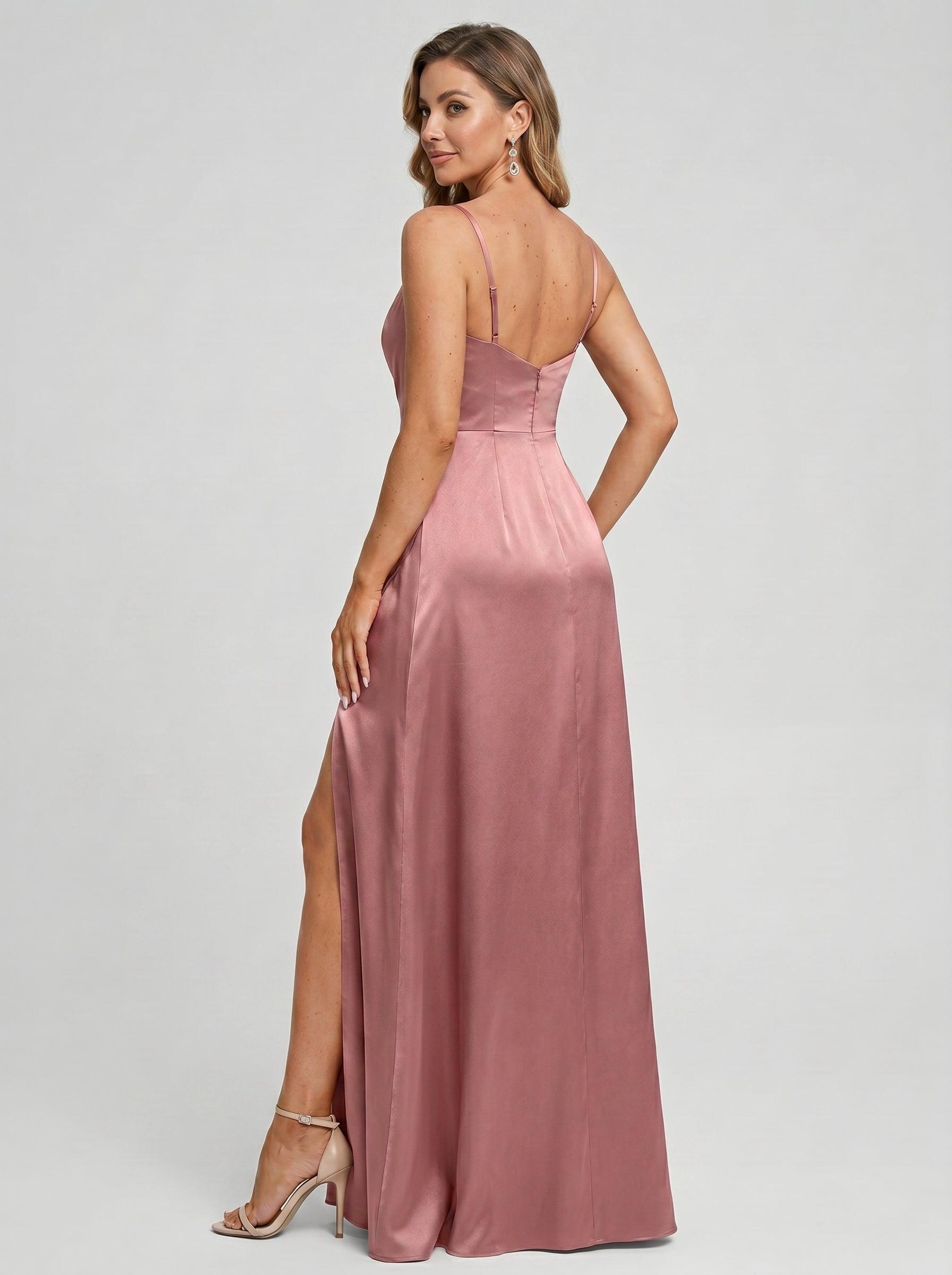 Coquette Rose Gold Satin A-Line Cowl Neck Back Zip with nan Ankle-Length Bridesmaid Dress - Curvevia