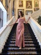 Coquette Rose Gold Satin A-Line Cowl Neck Back Zip with nan Ankle-Length Bridesmaid Dress - Curvevia