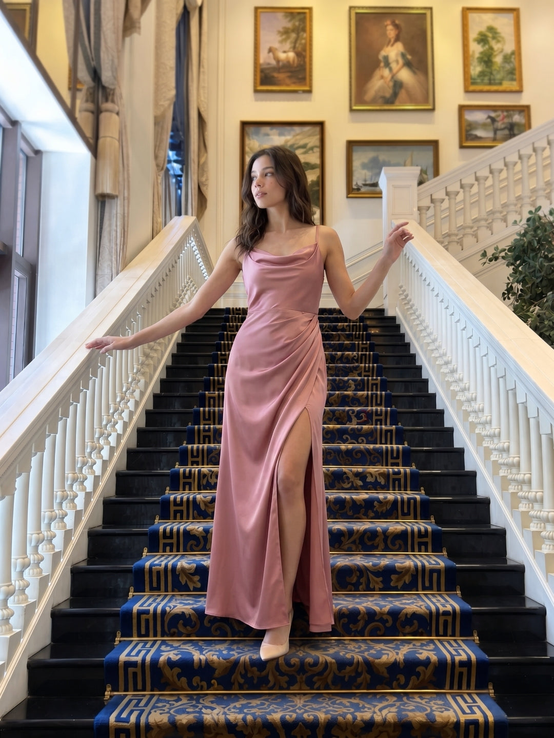 Coquette Rose Gold Satin A-Line Cowl Neck Back Zip with nan Ankle-Length Bridesmaid Dress - Curvevia