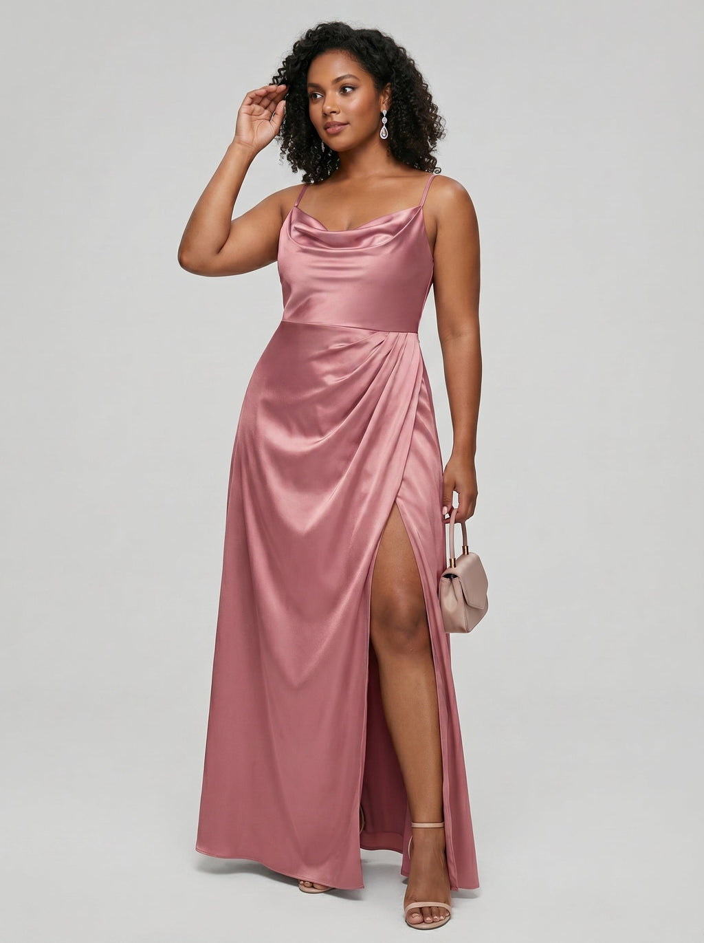 Coquette Rose Gold Satin A-Line Cowl Neck Back Zip with nan Ankle-Length Bridesmaid Dress - Curvevia