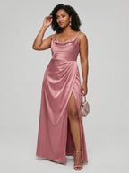 Coquette Rose Gold Satin A-Line Cowl Neck Back Zip with nan Ankle-Length Bridesmaid Dress - Curvevia