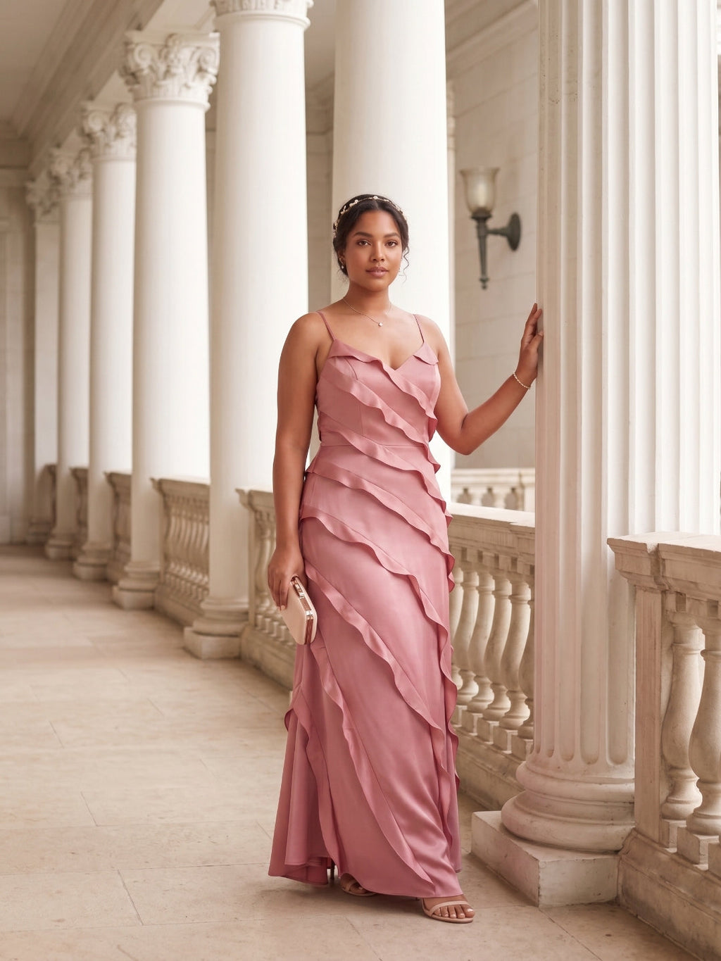 Coquette Rose Gold Satin A-Line V-Neck Side Zip with Ruffle Ankle-Length Bridesmaid Dress - Curvevia