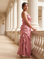 Coquette Rose Gold Satin A-Line V-Neck Side Zip with Ruffle Ankle-Length Bridesmaid Dress - Curvevia