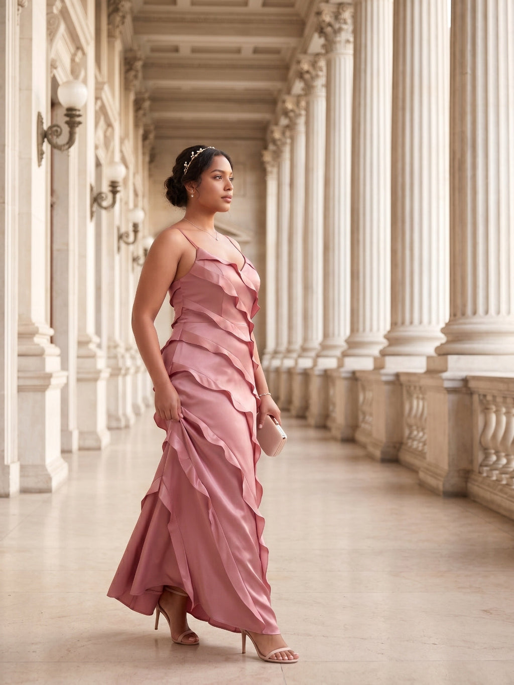 Coquette Rose Gold Satin A-Line V-Neck Side Zip with Ruffle Ankle-Length Bridesmaid Dress - Curvevia