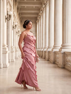 Coquette Rose Gold Satin A-Line V-Neck Side Zip with Ruffle Ankle-Length Bridesmaid Dress - Curvevia