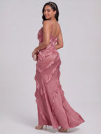 Coquette Rose Gold Satin A-Line V-Neck Side Zip with Ruffle Ankle-Length Bridesmaid Dress - Curvevia