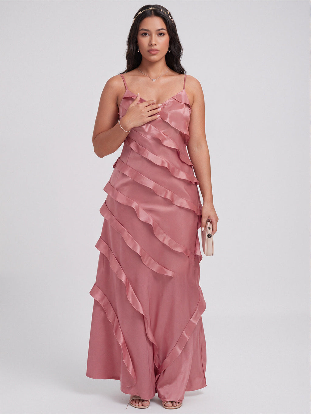 Coquette Rose Gold Satin A-Line V-Neck Side Zip with Ruffle Ankle-Length Bridesmaid Dress - Curvevia