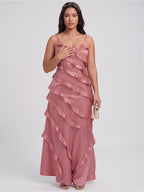 Coquette Rose Gold Satin A-Line V-Neck Side Zip with Ruffle Ankle-Length Bridesmaid Dress - Curvevia