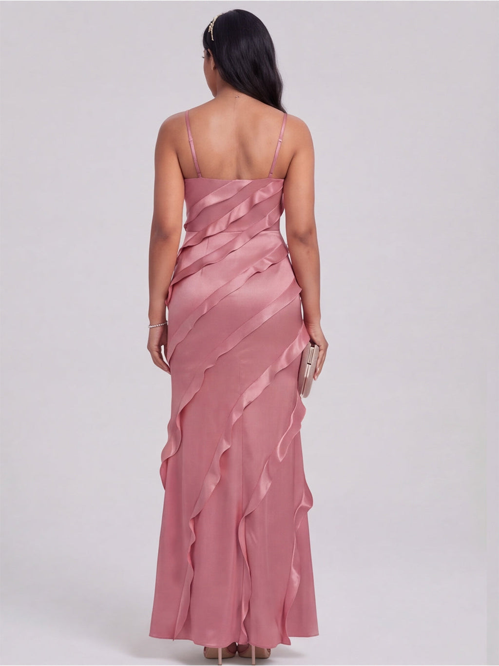 Coquette Rose Gold Satin A-Line V-Neck Side Zip with Ruffle Ankle-Length Bridesmaid Dress - Curvevia