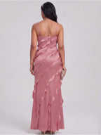 Coquette Rose Gold Satin A-Line V-Neck Side Zip with Ruffle Ankle-Length Bridesmaid Dress - Curvevia