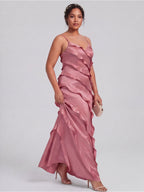 Coquette Rose Gold Satin A-Line V-Neck Side Zip with Ruffle Ankle-Length Bridesmaid Dress - Curvevia