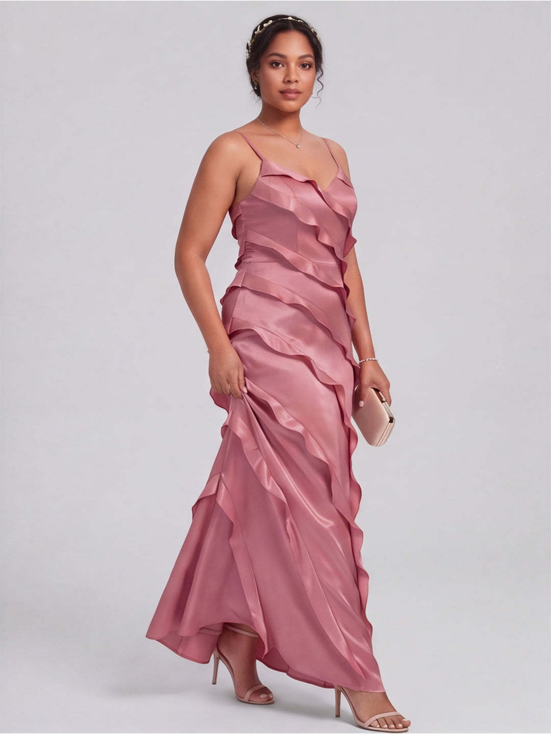 Coquette Rose Gold Satin A-Line V-Neck Side Zip with Ruffle Ankle-Length Bridesmaid Dress - Curvevia