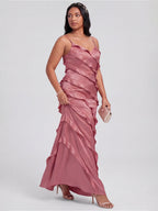 Coquette Rose Gold Satin A-Line V-Neck Side Zip with Ruffle Ankle-Length Bridesmaid Dress - Curvevia