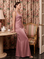 Coquette Rose Gold Satin Trumpet V-Neck Backless with Bow Ankle-Length Bridesmaid Dress - Curvevia