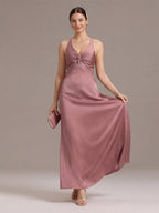 Coquette Rose Gold Satin Trumpet V-Neck Backless with Bow Ankle-Length Bridesmaid Dress - Curvevia