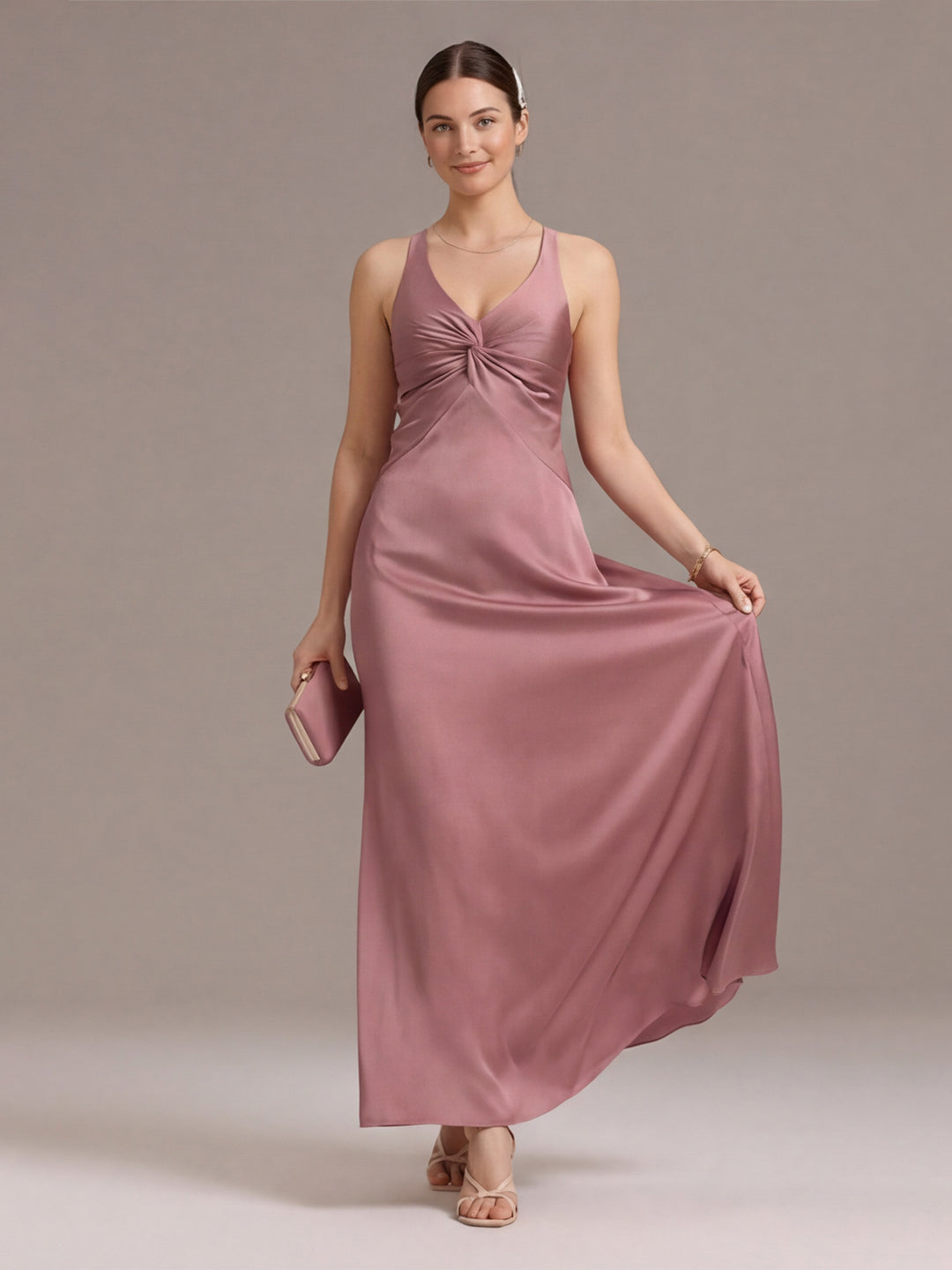 Coquette Rose Gold Satin Trumpet V-Neck Backless with Bow Ankle-Length Bridesmaid Dress - Curvevia