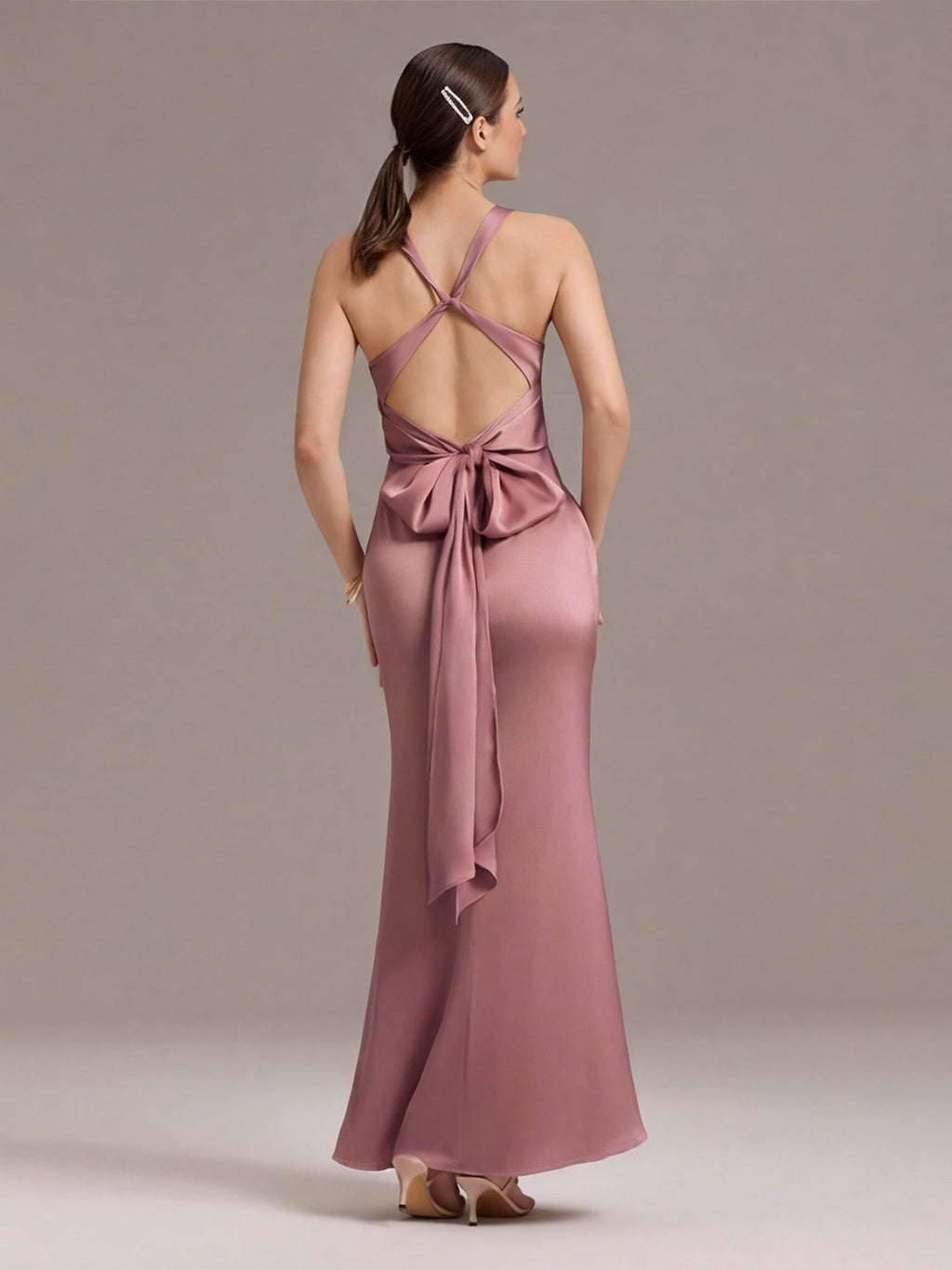 Coquette Rose Gold Satin Trumpet V-Neck Backless with Bow Ankle-Length Bridesmaid Dress - Curvevia