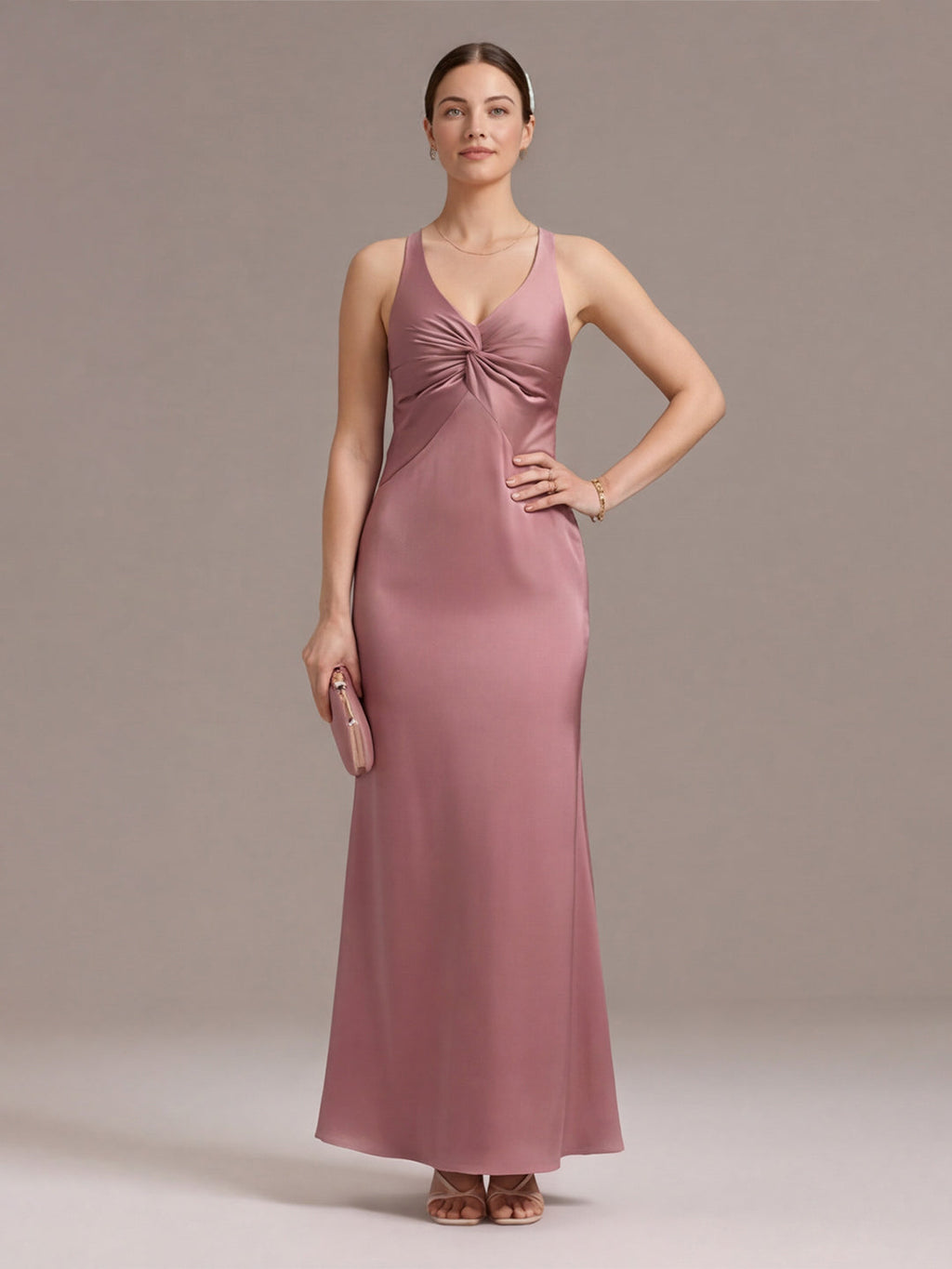 Coquette Rose Gold Satin Trumpet V-Neck Backless with Bow Ankle-Length Bridesmaid Dress - Curvevia