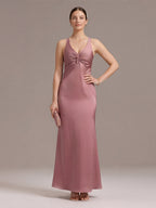 Coquette Rose Gold Satin Trumpet V-Neck Backless with Bow Ankle-Length Bridesmaid Dress - Curvevia