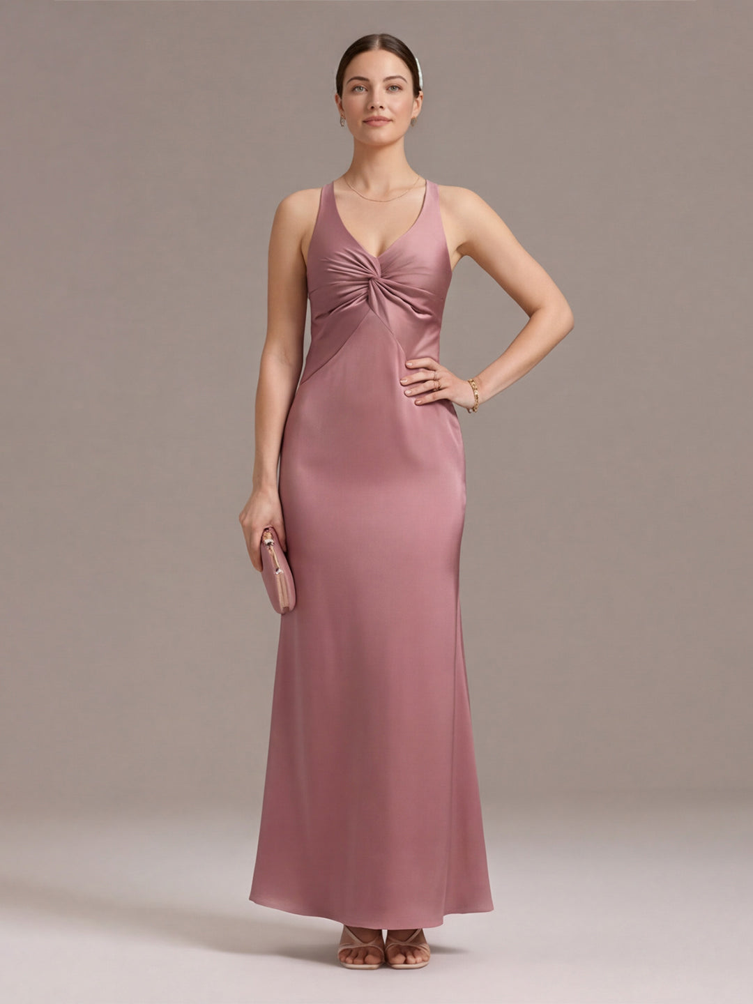 Coquette Rose Gold Satin Trumpet V-Neck Backless with Bow Ankle-Length Bridesmaid Dress - Curvevia
