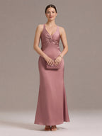 Coquette Rose Gold Satin Trumpet V-Neck Backless with Bow Ankle-Length Bridesmaid Dress - Curvevia