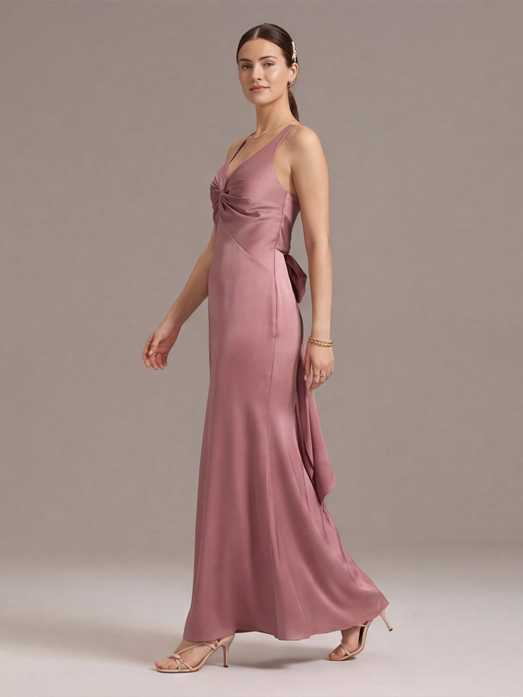 Coquette Rose Gold Satin Trumpet V-Neck Backless with Bow Ankle-Length Bridesmaid Dress - Curvevia