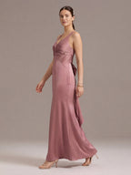 Coquette Rose Gold Satin Trumpet V-Neck Backless with Bow Ankle-Length Bridesmaid Dress - Curvevia