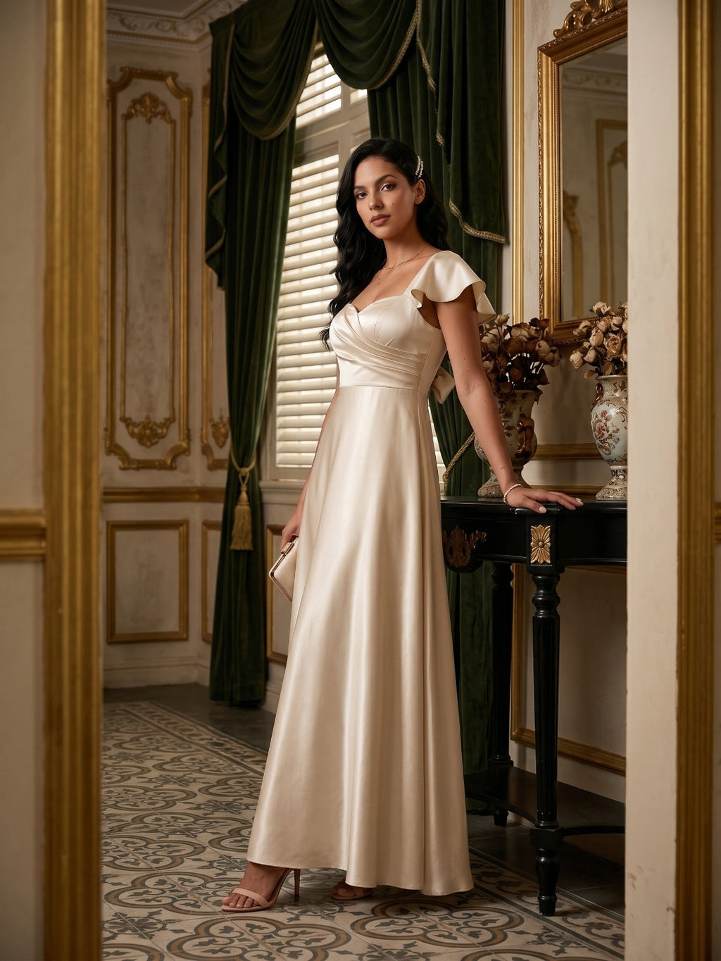 Coquette Sand Satin A-Line Square Neck Backless Ankle-Length Bridesmaid Dress - Curvevia