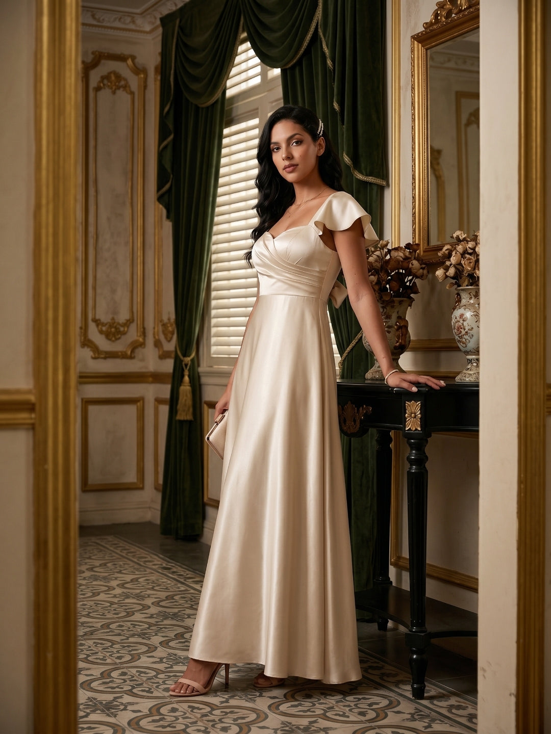Coquette Sand Satin A-Line Square Neck Backless Ankle-Length Bridesmaid Dress - Curvevia