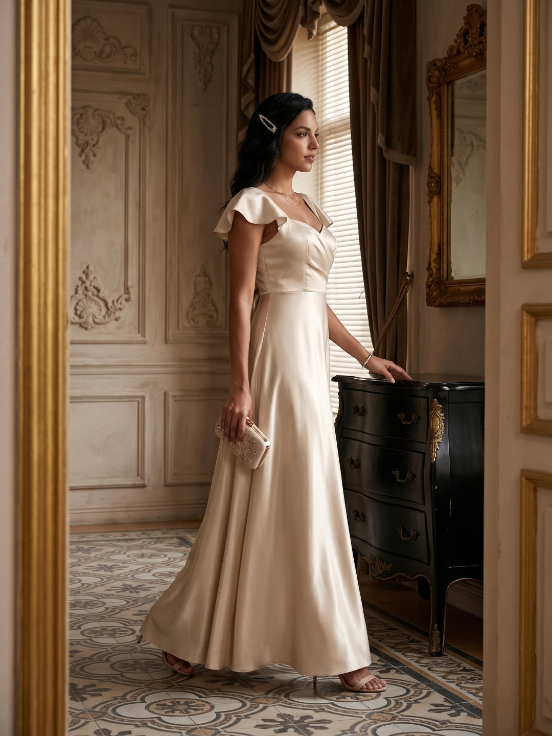 Coquette Sand Satin A-Line Square Neck Backless Ankle-Length Bridesmaid Dress - Curvevia