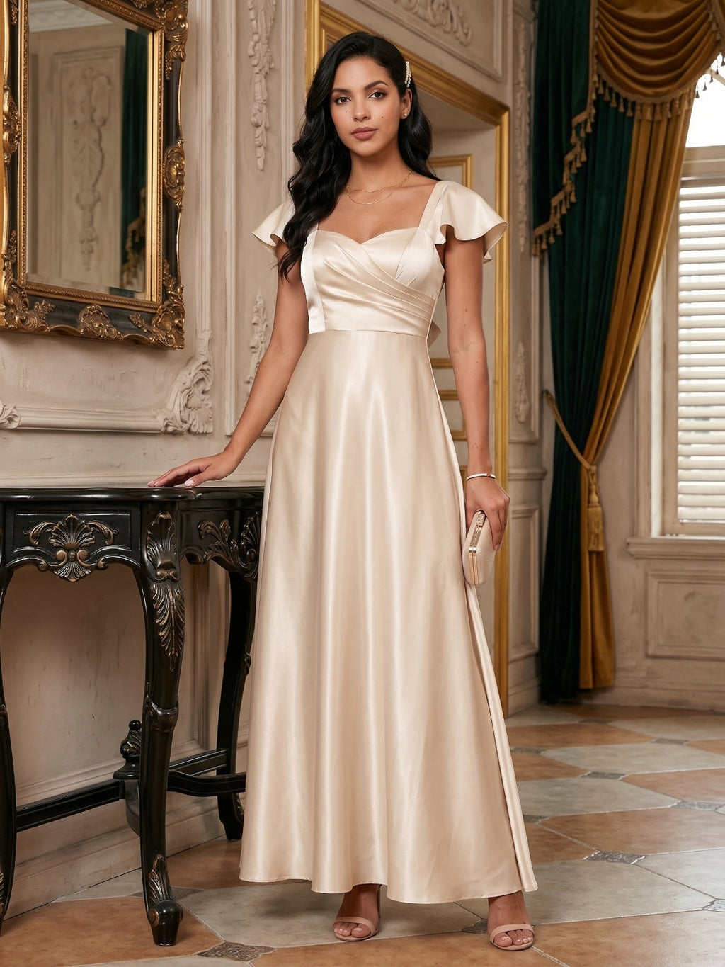 Coquette Sand Satin A-Line Square Neck Backless Ankle-Length Bridesmaid Dress - Curvevia