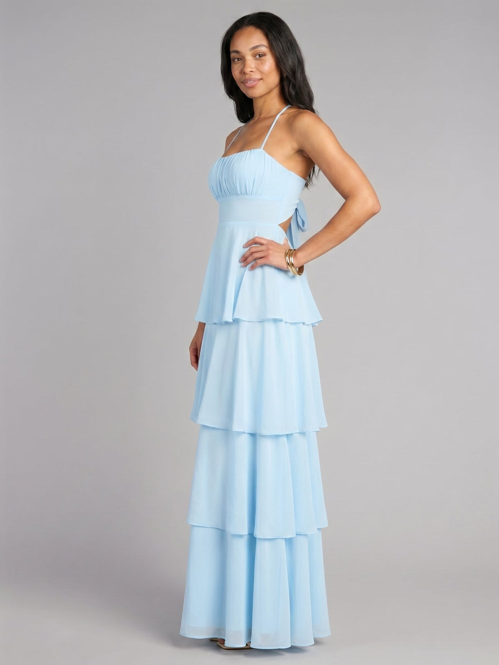 Coquette Sky Blue Chiffon A-Line Straight Neck Lace-up Ankle-Length Bridesmaid Dress - Curvevia