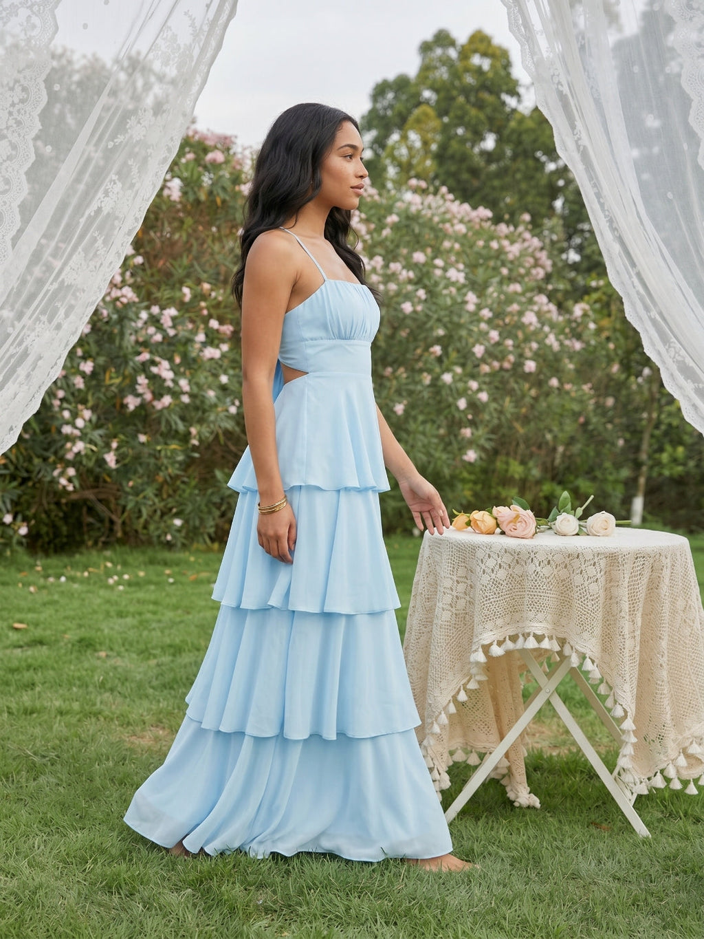 Coquette Sky Blue Chiffon A-Line Straight Neck Lace-up Ankle-Length Bridesmaid Dress - Curvevia