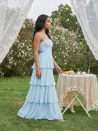 Coquette Sky Blue Chiffon A-Line Straight Neck Lace-up Ankle-Length Bridesmaid Dress - Curvevia