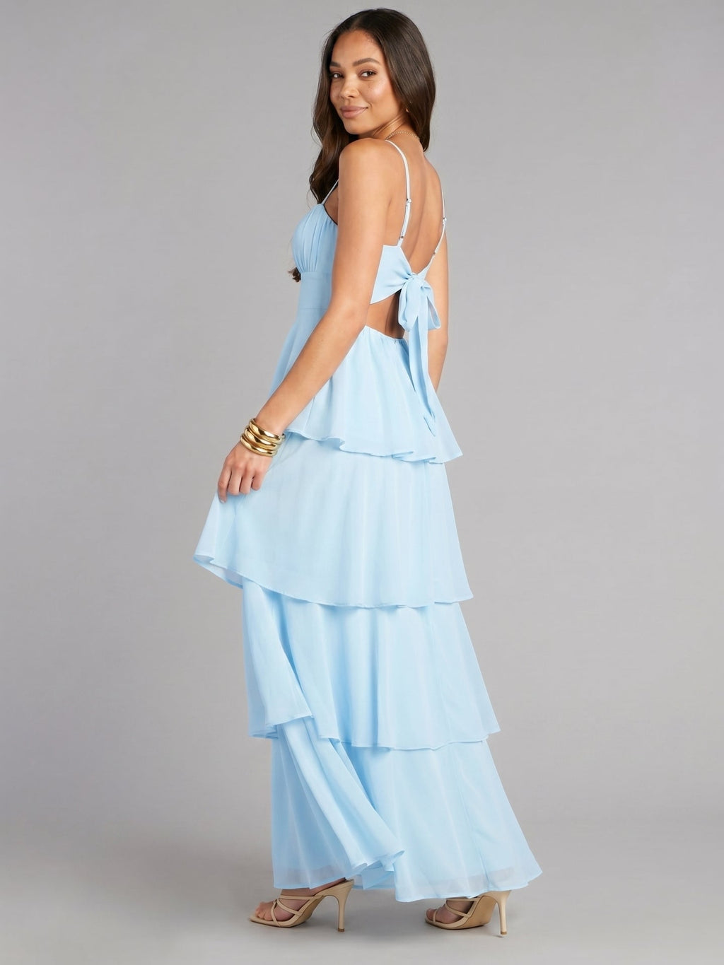 Coquette Sky Blue Chiffon A-Line Straight Neck Lace-up Ankle-Length Bridesmaid Dress - Curvevia