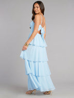 Coquette Sky Blue Chiffon A-Line Straight Neck Lace-up Ankle-Length Bridesmaid Dress - Curvevia
